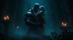 ai_generated ciri cirilla_fiona_elen_riannon female forest grabbing_ass green-skinned_male green_eyes green_skin human human_female interspecies leshay7 light-skinned_female light_skin male male/female muscular muscular_male night orc orc_male outdoors the_witcher_(series) the_witcher_3:_wild_hunt white_hair