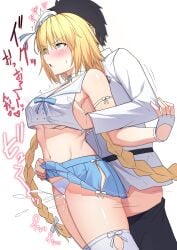 1boy absurdres bare_shoulders beret black_hair black_pants blonde_hair blue_eyes blue_skirt blush braid breasts censored chaldea_uniform choker clothes_lift crop_top crop_top_overhang cum ejaculation fate/grand_order fate_(series) female fingerless_gloves fujimaru_ritsuka_(male) gloves grabbing_another's_breast grinding groping hat highres jeanne_d'arc_(fate) jeanne_d'arc_(mystery_treasure)_(fate) jeanne_d'arc_(swimsuit_archer)_(fate) large_breasts long_hair long_sleeves low_twin_braids male midriff mini_hat natu_zame navel open_mouth panties pants penis pleated_skirt rolling_eyes sailor_collar shirt short_hair skirt straight thigh_sex thighhighs thighs translation_request twin_braids underwear very_long_hair white_gloves white_hat white_panties white_shirt white_thighhighs