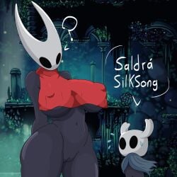 2025 2_horns ambiguous_gender arthropod big_breasts biped black_body black_eyes bodily_fluids breasts cloak clothing dialogue duo english_text female genitals half_sister_(lore) hi_res hollow_knight horn hornet_(hollow_knight) looking_at_another navel nipple_outline outside pussy question_mark sibling_(lore) sister_(lore) speech_bubble standing sweat sweatdrop tannicfer team_cherry text the_knight_(hollow_knight) thick_thighs vessel_(species) white_text wide_hips