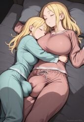 2futas ai_generated blonde_hair bulge hug large_breasts lying on_bed pajamas precum_through_clothing sleeping supergetthi