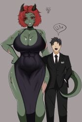 abs churs_665 dress green_skin lizard muscular original_character red_hair smaller_male taller_girl wife