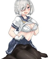 1girls absurdres blue_eyes blue_skirt blush bra breasts cleavage clothes_lift clothes_pull commentary_request female flashing gloves grey_hair hair_ornament hair_over_one_eye hairclip hamakaze_(kancolle) heart heart-shaped_pupils highres kantai_collection kiritto large_breasts looking_at_viewer midriff navel open_mouth panties pantyhose pleated_skirt sailor_collar school_uniform serafuku shirt_lift short_hair short_sleeves simple_background sitting skirt skirt_pull solo striped_clothes striped_skirt symbol-shaped_pupils thighband_pantyhose underwear wariza wet white_background white_gloves white_panties