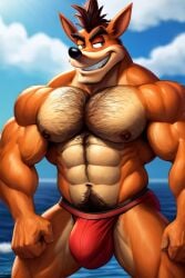 ai_generated ai_upscaled crash_(series) crash_bandicoot green_eyes grinning hairy hairy_chest jockstrap jockstrap_only legs_spread male male_only muscular muscular_male nipples ocean pubes red_jockstrap sky thick_pubes