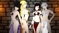 3d 4girls big_breasts bikini_armor black_hair blake_belladonna blonde_hair blue_eyes breasts busty cat_ears catgirl cleavage cosplay female female_only grey_eyes grey_hair hi_res holding_hands large_breasts legs looking_at_viewer navel ponytail pose posing rooster_teeth ruby_rose rwby short_hair sideboob silver_eyes sisters team_rwby thighs viz_media voluptuous weiss_schnee white_hair yang_xiao_long yellow_eyes