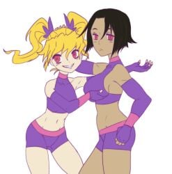 2girls black_hair blonde_female blonde_hair creepy_smile cropped cropped_legs dark-skinned_female dark_skin female fingerless_gloves gummidx hand_on_breast hand_on_head kourtney_(gummidx) light-skinned_female light_skin long_sleeve_gloves matching_outfit midriff no_background ocs original original_characters pink_eyes purple_shorts purple_topwear raven_hair suzie_(gummidx) twintails white_background