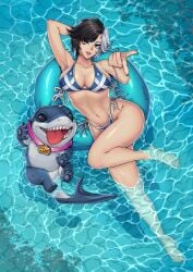 1girls beach big_breasts bikini cleavage feet female female_focus jeff_the_land_shark luna_snow luna_snow_(marvel_rivals) marvel marvel_rivals partially_clothed pool thick_thighs treartz wholesome