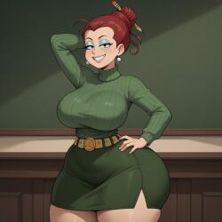 agnes_johnson ai_generated ass big_ass breasts civitai curvy curvy_female curvy_figure earrings eyeshadow female front_view hairpin hand_behind_head hand_on_hip large_breasts massive_ass nickelodeon red_hair skirt smile teeth the_loud_house thick thick_thighs thighs