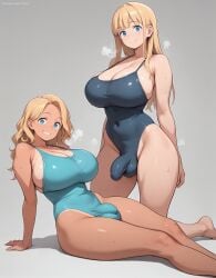 2futas ai_generated blonde_hair blue_eyes bulge futanari large_breasts supergetthi swimsuit tan_body