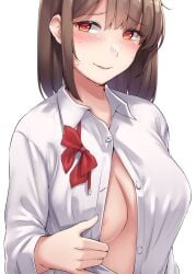 1girls areola_slip blush bow bowtie breasts brown_hair highres kiritto large_breasts long_sleeves medium_hair open_clothes open_shirt original parted_lips red_bow red_bowtie red_eyes shirt sideboob simple_background solo sweat undone_bowtie upper_body white_background white_shirt