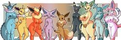 1boy 8girls anthro artist_signature before_sex blush eevee eeveelution espeon female flareon flat_chest furry glaceon horny jolteon large_ass large_breasts leafeon lustful_gaze male medium_breasts nervous pokemon pokemon_(species) pokemon_dppt pokemon_gsc pokemon_rgby pokemon_xy simple_background skwid small_breasts small_but_hung smaller_male sylveon umbreon vaporeon