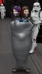 3d blender bo-katan_kryze bondage duct_tape looking_at_another mandalorian mummification purple_hair red_hair sabine_wren star_wars stormtrooper taped_mouth theblendertaper