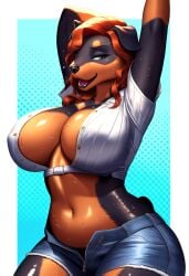 ai_generated anthro big_breasts blue_eyes breasts brown_hair canid canine canis cleavage domestic_dog female female_only furry furry_female furry_focus furry_only hair hand_behind_head hands_up jean_shorts jeans large_breasts long_hair majorfluffy mature_female one_eye_closed open_mouth rottweiler sfw solo solo_female sweat sweaty tight_clothes wavy_hair