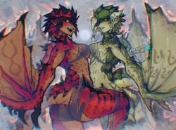 2girls anthrofied black_hair bra breasts female gajinka hatidraw monster_girl monster_hunter monster_hunter_wilds panties rathalos rathian rule_63 sharp_teeth white_hair wings yellow_eyes