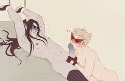 2boys arms_above_head ass black_hair blonde_hair blue_eyes blue_nipples blush bondage chains cuffs dirk_strider duo equius_zahhak erection fangs fellatio fingerless_gloves fletsch foreskin foreskin_folds gay gay_sex grey_skin heavy_breathing homestuck horns human humanoid intact ivalisian long_hair_male male male_nipples male_only maledom malesub ms_paint_adventures naked nude_male oral oral_sex penis pointy_ears retracted_foreskin sharp_teeth short_hair smooth_skinned_male sunglasses tinted_eyewear troll uncut valdgeist veiny_penis white_background white_skin wrist_cuffs yaoi