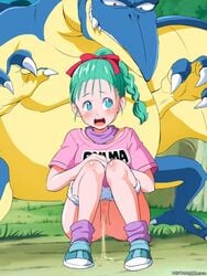 1girls 1monster anus blue_eyes blush bulma_briefs censored dragon_ball erodon_hearts female green_eyes heart human mosaic_censoring open_mouth panties_around_legs peeing pubic_hair pussy squatting t-shirt url