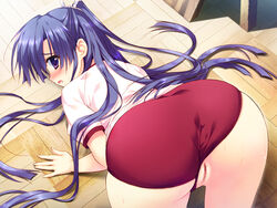 all_fours ass bent_over blush buruma female from_behind game_cg gym_uniform hair_ornament hoshizora_e_kakaru_hashi hoshizora_e_kakaru_hashi_aa koumoto_madoka long_hair looking_back purple_eyes purple_hair pussy ryohka ryouka_(suzuya) shorts shorts_aside sweat top-down_bottom-up uncensored very_long_hair