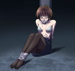 1girls akane_tsunemori angry arms_behind_back arms_tied_behind_back blush bondage bound_ankles bound_arms bound_to_pole bound_wrists brown_hair erect_nipples gag gagged kidnapped leggings nipple_bulge nipple_covers pencil_skirt pokies psycho-pass short_hair small_breasts solo_female tape_gag taped_mouth tied_to_pole tied_up topless tsunemori_akane yellow_eyes