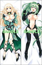 2girls blonde_hair bodysuit breasts breasts_out dress green_hair green_heart long_hair looking_at_viewer multiple_girls neptunia_(series) nipples open_mouth pleasure_face ponytail sample_watermark tagme vert