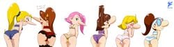 6+girls 6girls ass blush bolt(artist) bra dialogue female female_only glasses headband human kaede_(sbk) linda_maltinie looking_back multiple_females multiple_girls nancy_neil nicole_couch pamela_rasteri panties pink_hair presenting_hindquarters snowboard_kids underwear wendy_lane