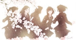 5girls black_hair blazer brown_eyes cherry_blossoms goke_shike_(altamira05) graduation jacket multiple_girls original school_uniform serafuku smile