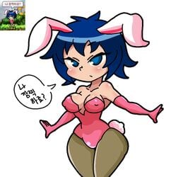 blue_eyes blue_hair breasts bunny color curvy female jane_(maplestory) korean_text maplestory pink solo translation_request