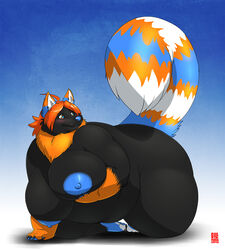 big_breasts black_fur blue_nipples blue_nose blush breasts female fur gillpanda obese orange_fur overweight