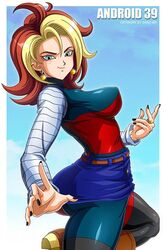 1girls android android_18 android_21 android_39 ass belt black_nails blue_eyes boots breasts brown_belt clothed curvy cyborg dragon_ball dragon_ball_fighterz earrings female female_only fully_clothed fusion hips hoop_earrings huge_ass hypothetical_fusion nail_polish potara_earrings ring sano-br solo thick_thighs thighs two_tone_hair wide_hips