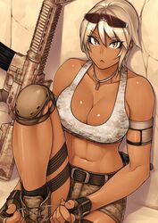 1girls abs against_wall ankle_boots armband assault_rifle bangs bare_shoulders belt blonde_hair boots breasts cleavage collarbone crack cross-laced_footwear dark-skinned_female female fingerless_gloves gloves gun highres jewelry knee_pads large_breasts m4_carbine midriff military muscular_female navel necklace orange_eyes original rifle sela_(sela_god) sela_god shiny shiny_skin short_hair short_shorts shorts silver_hair sitting socks solo sports_bra sunglasses sunglasses_on_head tank_top thigh_strap tying weapon yellow_eyes