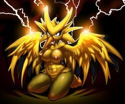 abs anthro anthrofied avian beak bird breasts claws elpatrixf feathers female legendary_pokemon looking_at_viewer navel nintendo nipples nude pokemon pokemorph pussy sitting solo wings zapdos