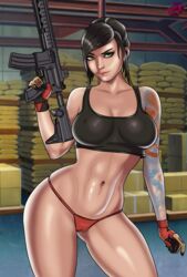 1girls arm_tattoo black_hair breasts brown_hair brunette call_of_duty ed_product eyeshadow female gloves green_eyes gun latina looking_at_viewer mara_(cod) naughty_face nipple_bulge pale_skin panties pussy pussy_juice red_panties rifle tattoo thong tied_hair weapon