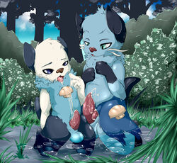 :o balls blue_eyes cum cum_on_hand dewott duo floorninja forest gay grass green_eyes male mammal mustelid nintendo oshawott otter penis pokemon pokemon_(species) tree video_games water wet