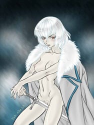 1girls breasts castlevania castlevania:_aria_of_sorrow cloak cloak_only color female female_only fur-trimmed_cape genderswap genderswap_(mtf) human nipples nude_female rule_63 solo soma_cruz sword vulva white_hair