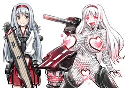 2girls 774_(nanashi) breasts dark_persona fishnets flight_deck glowing glowing_eyes hairband japanese_clothes kantai_collection large_breasts long_hair multiple_girls muneate nipples personification pussy shoukaku_(kantai_collection) silver_hair skirt tongue tongue_out