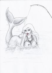 1girls ass breasts busty dat_ass elvencandy eyeliner fish_girl fish_tail fishing fishing_rod lipstick long_hair lucky_catch makeup mermaid mermaid_ass mermaid_girl mermaid_tail monster_girl mythology necklace ocean tagme tail_fin