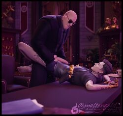 2boys 3d anal bald_man black_hair bodyguard boss brutus_(fortnite) clothed_sex fortnite gay gay_sex gold_(metal) gold_eyes gun holding_hips holstered_weapon legs_wrapped_around_partner male male_focus male_only midas_(fortnite) moltengoldart on_back on_desk pale_skin suit sunglasses tattoos