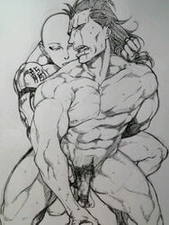 2boys artist_request bleach dickfish gay kenpachi_zaraki madarame_ikkaku male multiple_males muscle muscular_male nude penis traditional_media_(artwork) yaoi zaraki_kenpachi