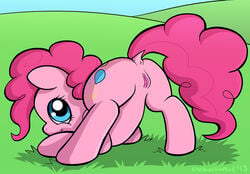 back_view blue_eyes cutie_mark day earth_pony equine female female_only feral friendship_is_magic fur grass hair hooves looking_back mammal my_little_pony nude open_eyes outdoors pink_fur pink_hair pinkie_pie_(mlp) pony presenting pussy ryoshockwave solo tagme tail