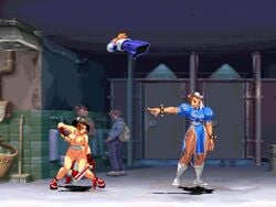 2girls animated artist_request breasts capcom catfight challenging chun-li crossover death_battle fatal_fury female human king_of_fighters mai_shiranui multiple_girls pantyhose pixel_art pointing_at_another sailor_uniform skirt snk street_fighter tagme undressing undressing_self