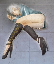 1boy ass blue_hoodie cum cum_on_ass cum_on_face exposed_ass fate/zero fate_(series) hairy_legs high_heels hoodie kariya_matou light-skinned_male light_skin male male_only no_pants on_ground on_side skinny solo white_hair young