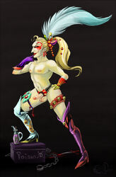 1boy blood boots chains cock_ring evanight facepaint feather final_fantasy final_fantasy_vi footwear gloves hair_ornament high_heel_boots kefka_palazzo male male_nipples male_only navel pecs penis solo testicles vein veiny_penis weapon