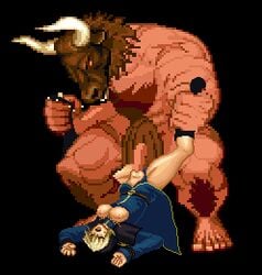 1boy 1girls animated beige_skin black_background breasts clothes color defeated erection female fictional_interracial fur horn human interspecies king_of_fighters leg_grab leopold_goenitz m.u.g.e.n male male/female male_on_female minotaur minotaur_(mugen) muscles nipples nude penis piledriver_position pixel_art pussy rape rule_63 scar sex size_difference straight tan_skin upside-down vaginal_penetration vulva