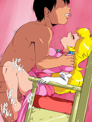 1boy 1girls breast_squish female male mario_(series) nintendo non-english_text old_school_academy princess_peach tagme