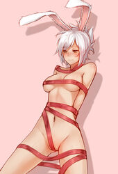 1girls animal_ears arms_behind_back battle_bunny_riven blush breasts bunny_ears female folded_ponytail highres kerasu league_of_legends naked_ribbon navel orange_eyes ribbon ricegnat riven short_hair simple_background solo white_hair