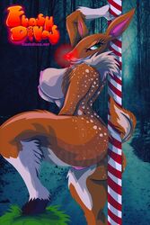 anthro big_breasts blue_eyes breasts cervine chriscrazyhouse christmas female holidays nipples pole pose pussy reindeer rudolph_the_red-nosed_reindeer rule_63