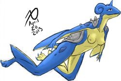 anthro blue_skin breasts female female_only grey_shell lapras nipples nude pokemon shell side_view solo xathoa