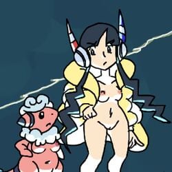 2girls breasts clothing elesa elesa_(pokemon) exposed_breasts female female_only flaaffy front_view hinoarashi human interspecies light_skin multiple_females multiple_girls nudity pink_skin pokémon_(species) pokemon skin standing vulva