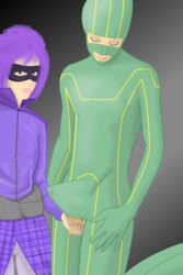 1boy 1boy1girl 1girls aaron_taylor-johnson boner dave_lizewski erection green_clothing hit-girl human human_only kick-ass marvel marvel_comics mask squeezing_testicles suit tagme