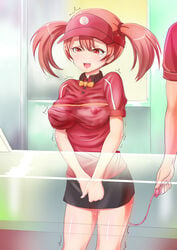 1girl 1girls 2013 ascii_media_works bes besu_(artist) big_breasts blush bowtie breasts brown_hair covered_nipples dengeki_daioh female female_focus hataraku_maou-sama! large_breasts mgronald's_restaurant mgronald's_uniform nipples polo_shirt red_eyes saliva sasaki_chiho solo_focus tear tied_hair trembling twintails vibrator visor_cap wet white_fox_(studio)