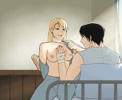 1boy 1girls black_hair blonde_hair breasts brown_eyes female fullmetal_alchemist human male medium_breasts nipples parcheesy riza_hawkeye roy_mustang straight tagme