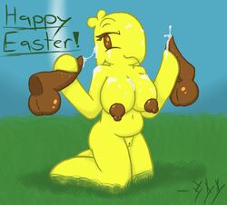 1girls 2boys 3dd anthro areolae belly breasts brown_eyes cum cum_on_breasts cum_on_face easter facial food handjob huge_breasts inverted_nipples large_penis large_testicles nipples nude peeps penis puffy_nipples pussy smile testicles text threesome yellow_skin